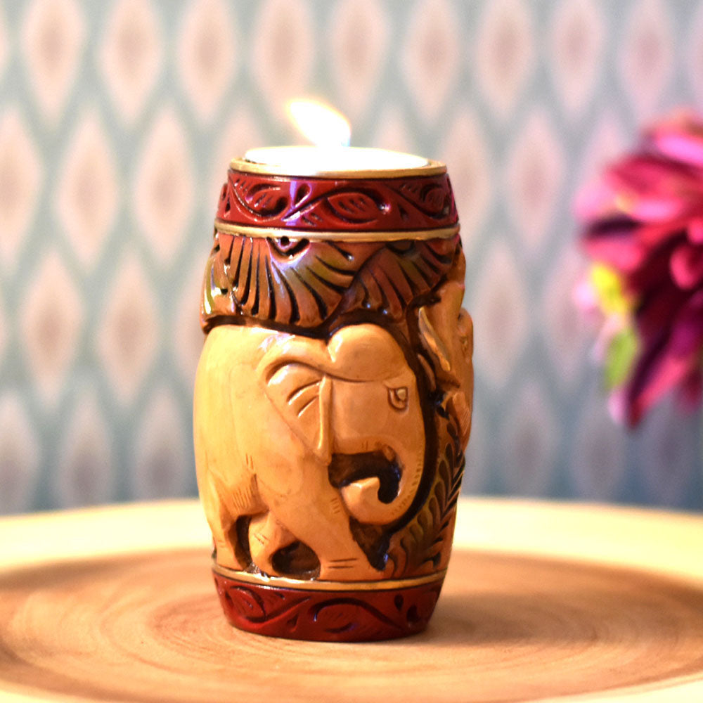 Wooden Jungle Elephant Tea Light Holder | Hand-Carved Decorative Candle ...