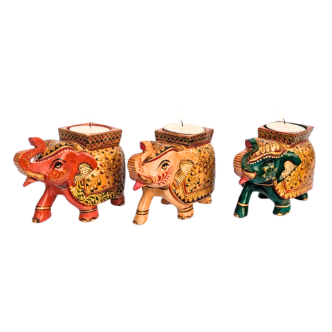 Handcrafted Wooden Elephant Figurine with Tea Light Candle Holder – Premium Rajasthani Embossed Design