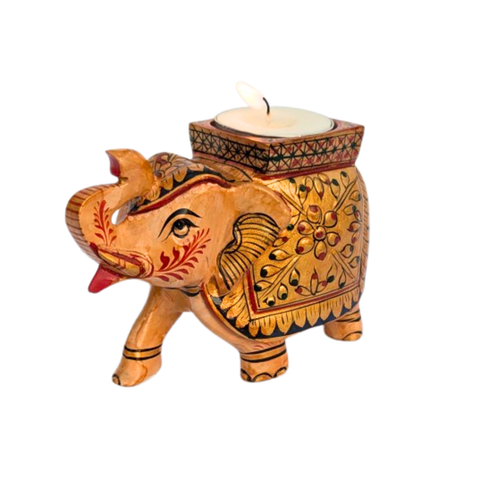 Handcrafted Wooden Elephant Figurine with Tea Light Candle Holder – Premium Rajasthani Embossed Design
