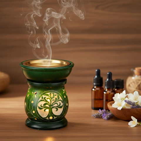 Decorative oil burner with green and gold design on a white background