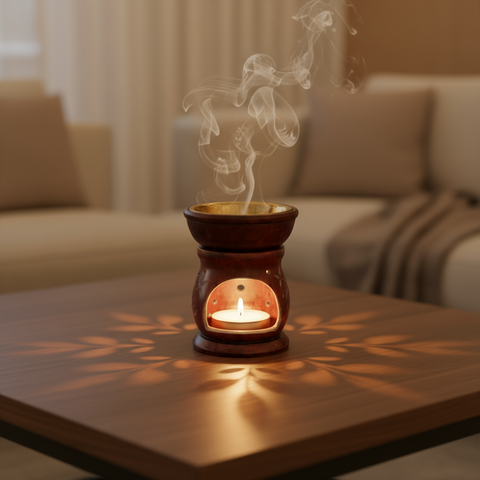 Wooden oil burner with a small candle inside on a white background