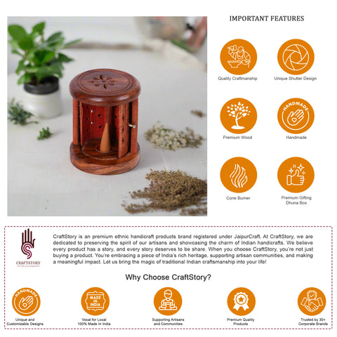 Wood Round Shutter Style Dhuna Box | Dhoop /Cone/ Incense Holder Box – Drum Shape (Brown)