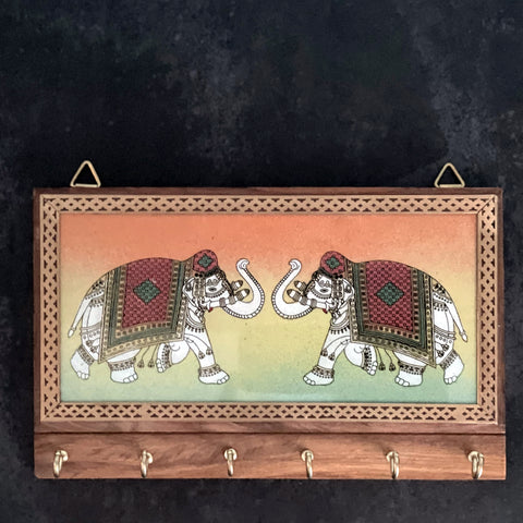 Gemstone Elephant Painting Wooden Key Holder