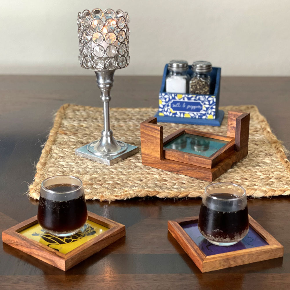 Sheesham Wood Animal Design Tea Coasters Set | Glass Top Coasters ...