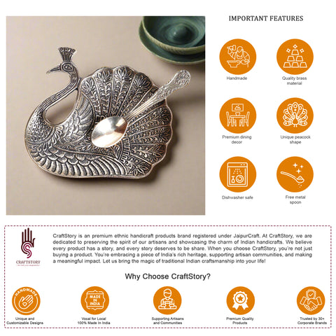 Brass Metal Peacock Shape Handcrafted Serving Tray with Spoon