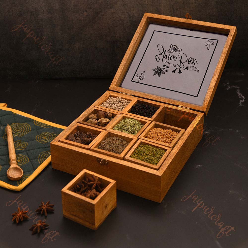 Sheesham Wood Spice Box with 9 Containers | Wooden Masala Dabba ...