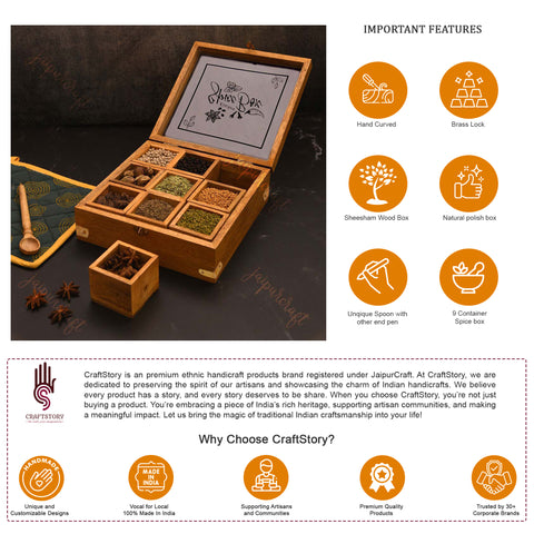 Handcrafted Big Size Spice Box with 9 Containers & Pen Spoon