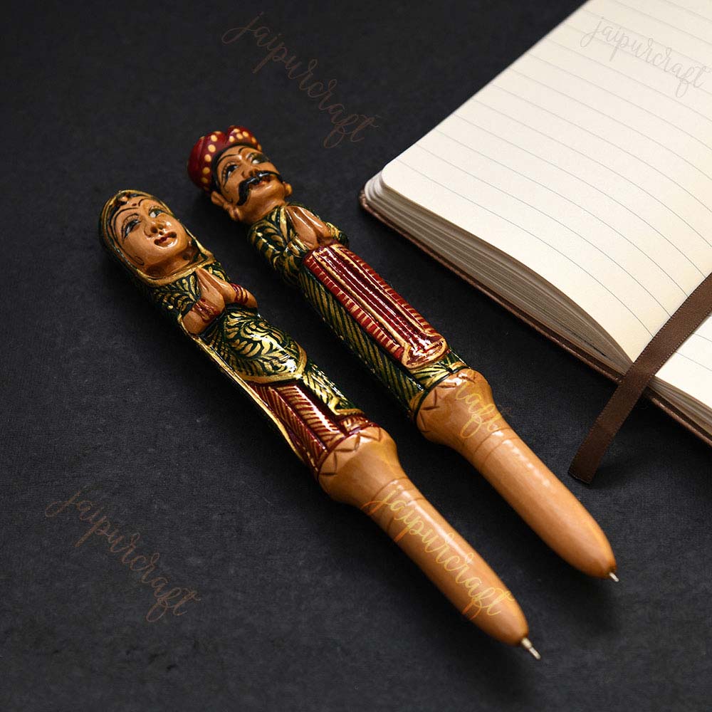 Rajasthani Couple Wooden Ballpoint Pen Set | Hand-Carved Designer Gift ...
