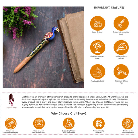 Exquisite Handcrafted Wooden Peacock Ballpoint Pen with Designer Handmade Paper Gift Box