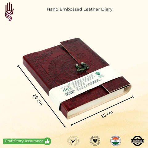 Large Cherry Color Hand Embossed Leather Diary Journal Notebook with Handmade Paper and Metal Lock (8" x 6.25")