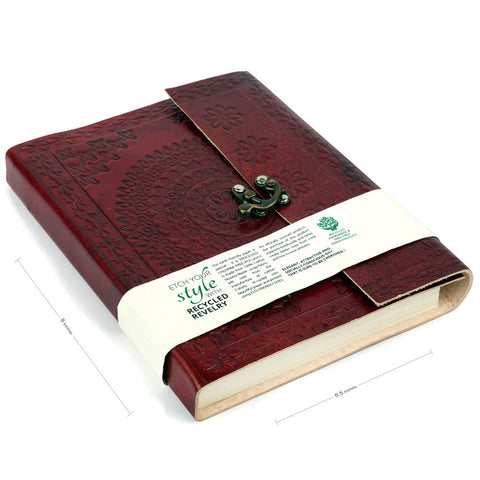 Large Cherry Color Hand Embossed Leather Diary Journal Notebook with Handmade Paper and Metal Lock (8" x 6.25")