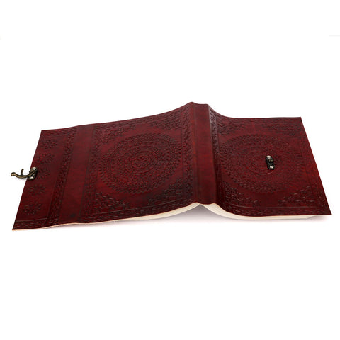 Large Cherry Color Hand Embossed Leather Diary Journal Notebook with Handmade Paper and Metal Lock (8" x 6.25")