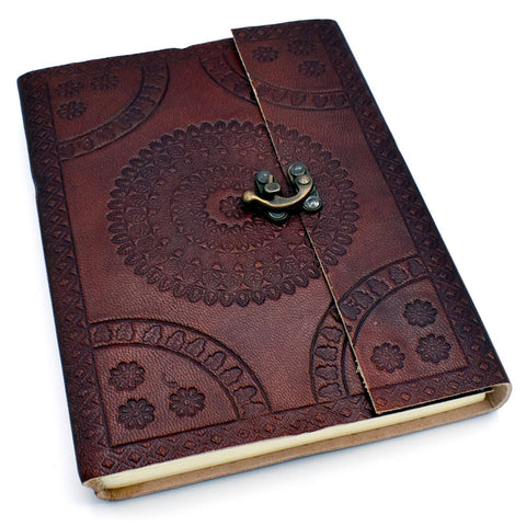 Large Cherry Color Hand Embossed Leather Diary Journal Notebook with Handmade Paper and Metal Lock (8" x 6.25")