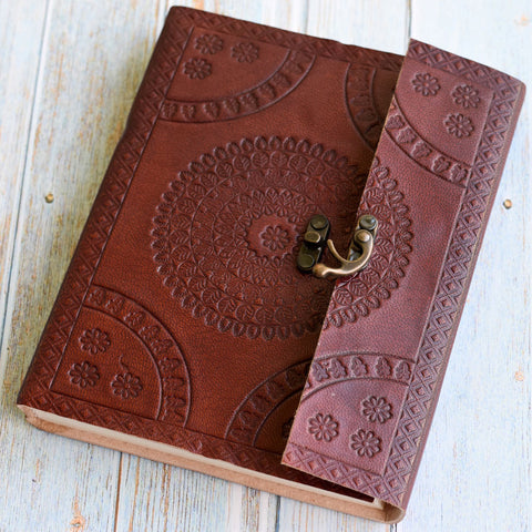 Large Cherry Color Hand Embossed Leather Diary Journal Notebook with Handmade Paper and Metal Lock (8" x 6.25")