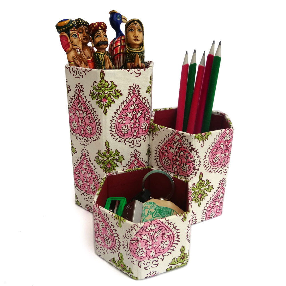 Handmade Paper 3-in-1 Desk Organizer | Block Print Utility Storage Box ...