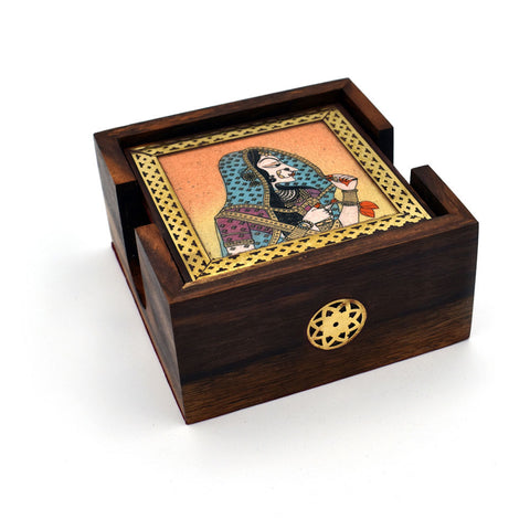 Bani Thani Theme Glass Gemstone Painting Studded Wooden Tea Coaster (Set of 6) – Premium Decorative Tableware