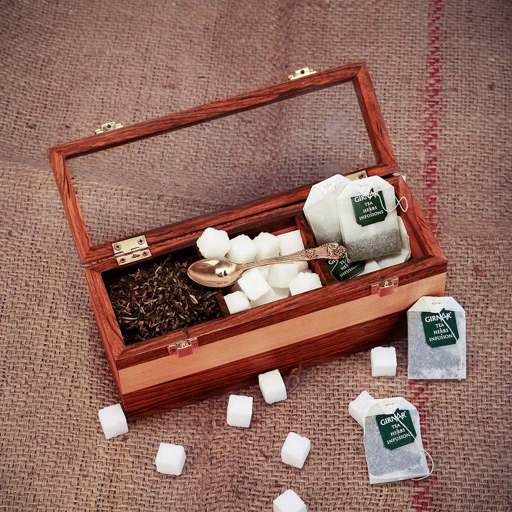 Sheesham Wood Tea Box with Glass Lid | 3 Compartment Tea Storage ...