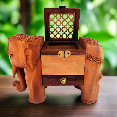 Elephant Statue Wooden Incense Cone Holder, Indian Elephant Dhuna Box, Prayer Lamp