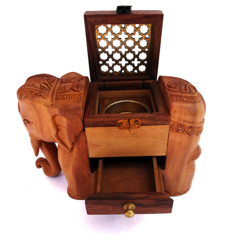 Elephant Statue Wooden Incense Cone Holder, Indian Elephant Dhuna Box, Prayer Lamp