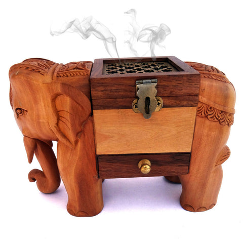 Elephant Statue Wooden Incense Cone Holder, Indian Elephant Dhuna Box, Prayer Lamp