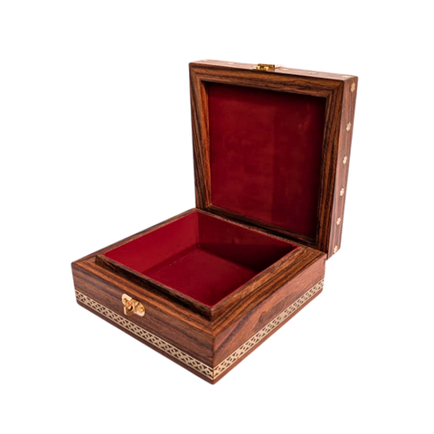 Handcrafted Sheesham Wood Jewelry Box with Marble Tile & Brass Inlay