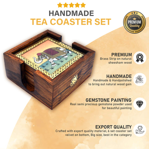 Elephant Theme Glass Gemstone Painting Studded Wooden Tea Coaster (Set of 6) – Premium Decorative Tableware